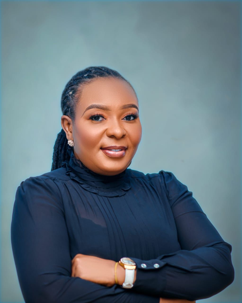 woman in a blue shirt